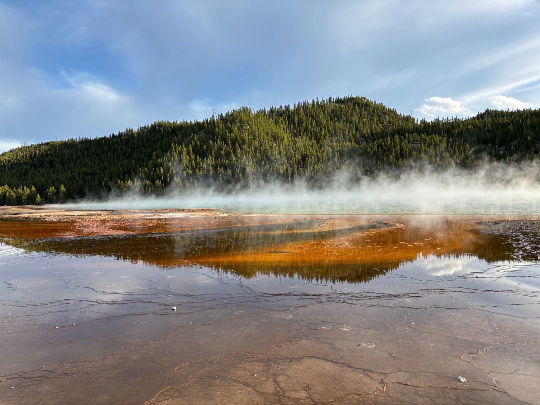 Geothermal spring with steam rising in Yellowstone, reflecting vibrant colors and forests.